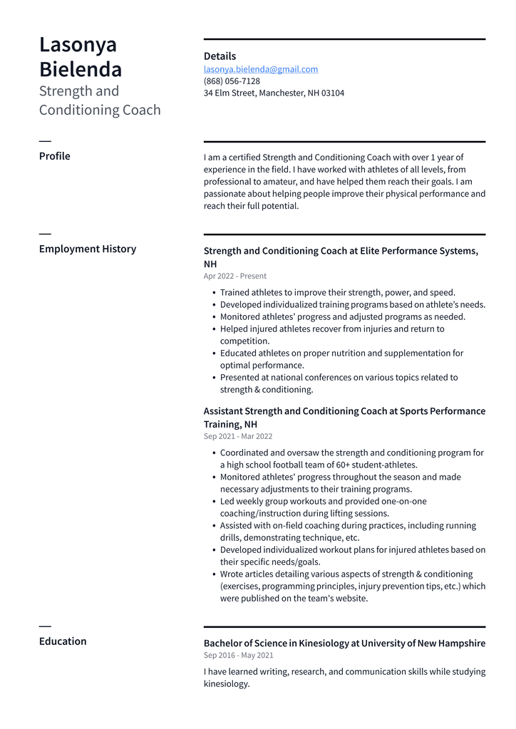 Strength and Conditioning Coach Resume Example