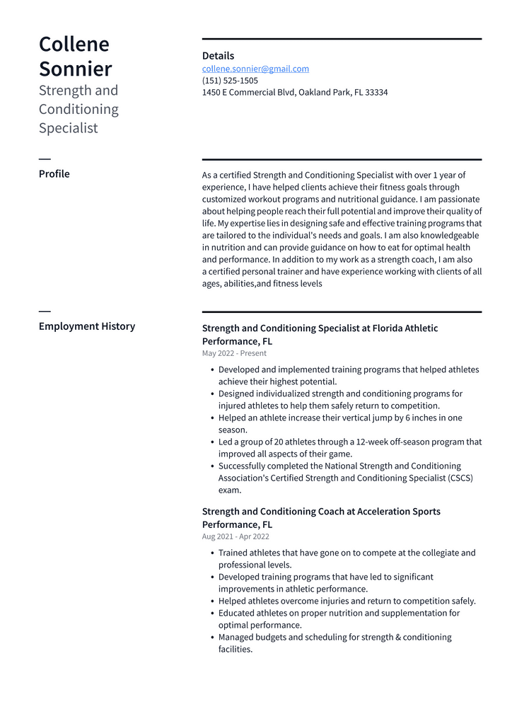 Strength and Conditioning Specialist Resume Example