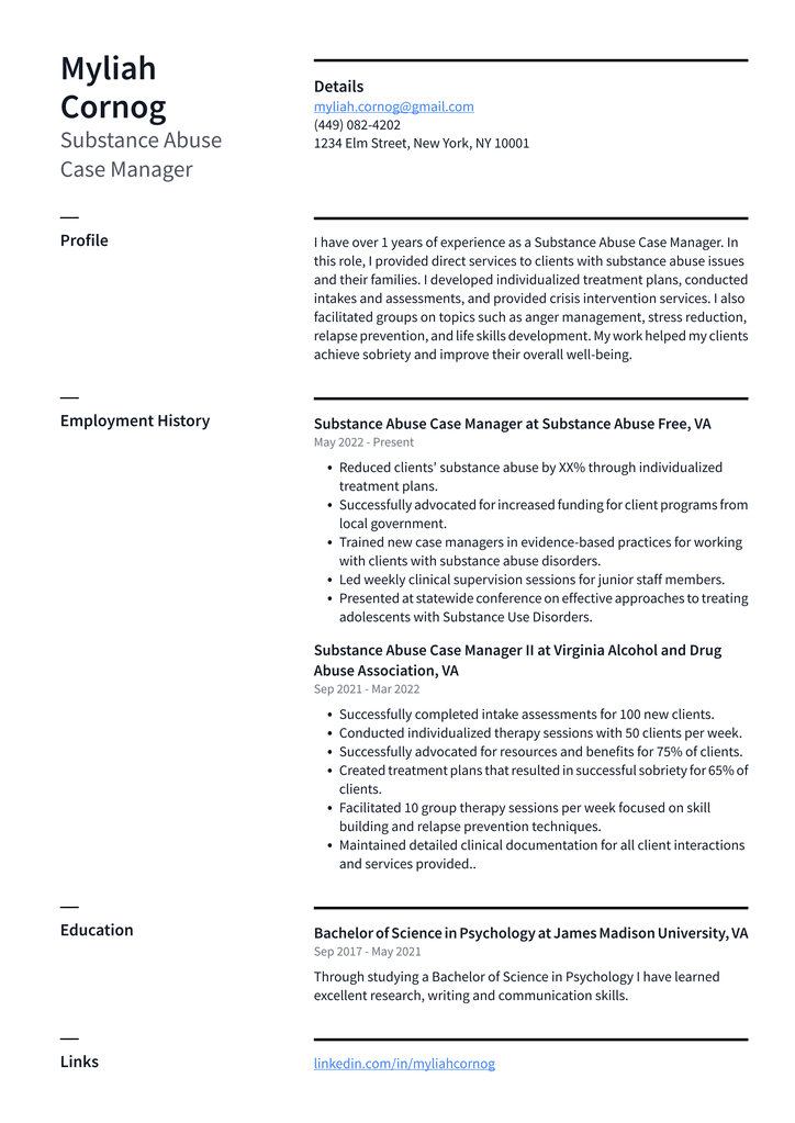 Substance Abuse Case Manager Resume Example