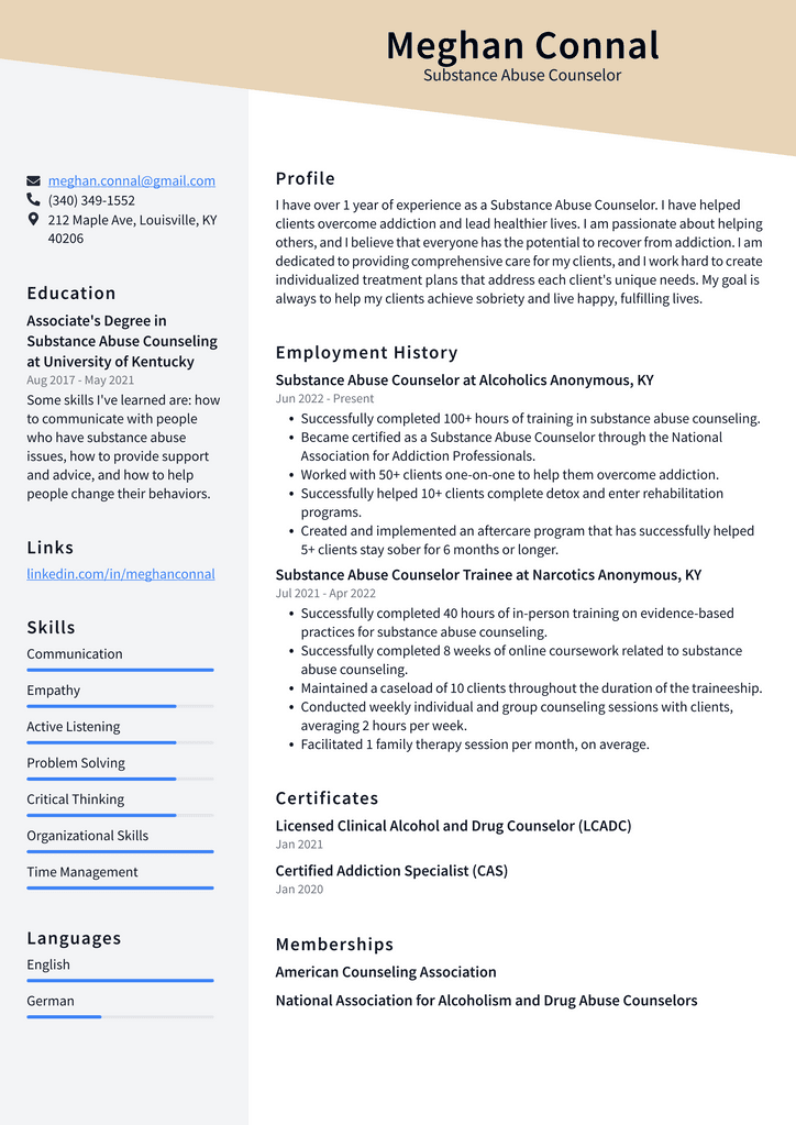 Substance Abuse Counselor Resume Example