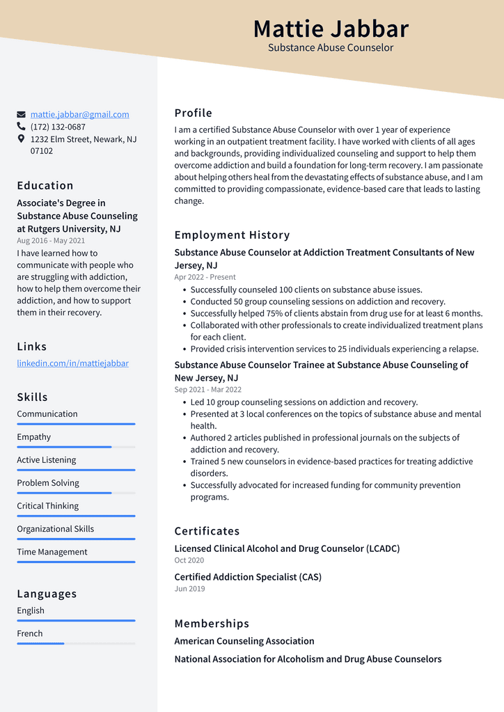 Substance Abuse Counselor Resume Example