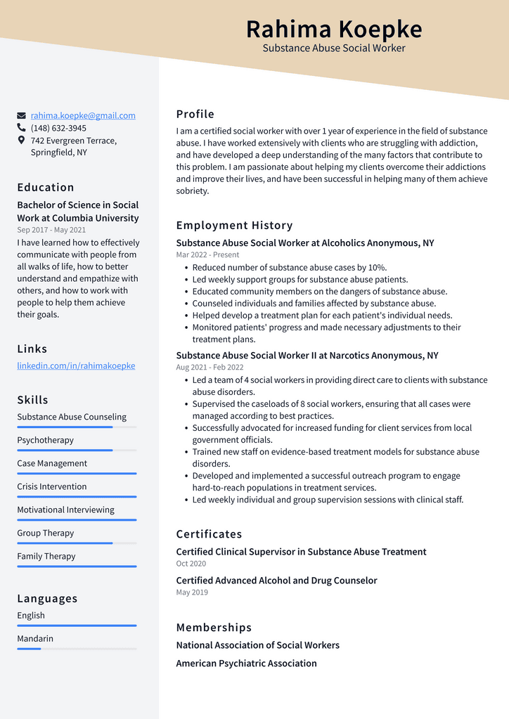 Substance Abuse Social Worker Resume Example