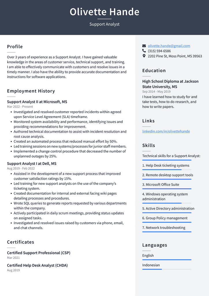 Support Analyst Resume Example