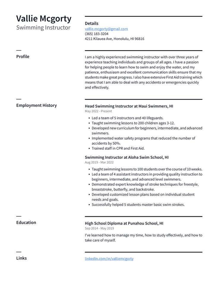 Swimming Instructor Resume Example