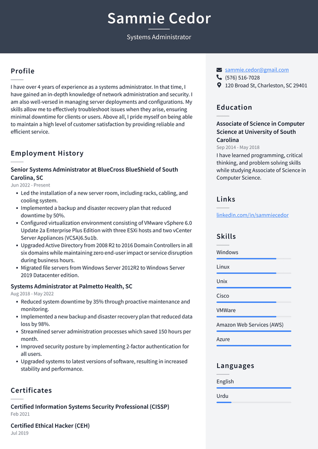 System Administrator Resume Example and Writing Guide