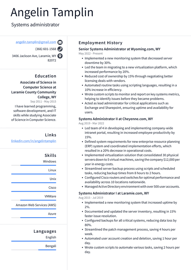 Systems administrator Resume Example