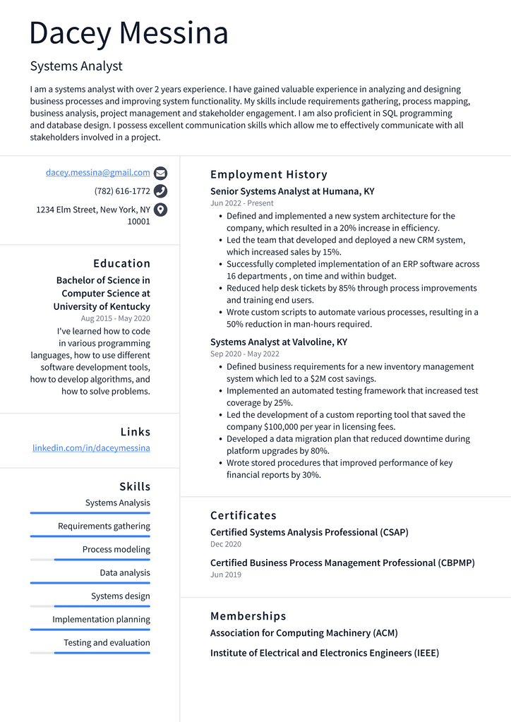 Systems Analyst Resume Example