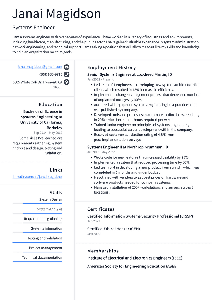 Systems Engineer Resume Example