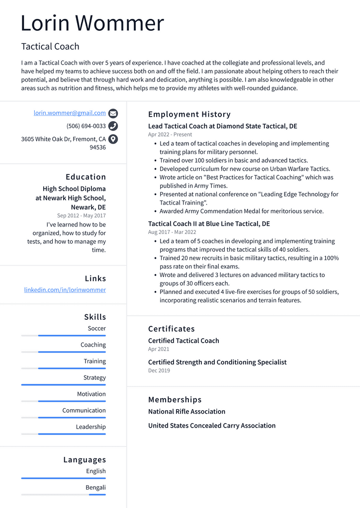 Tactical Coach Resume Example