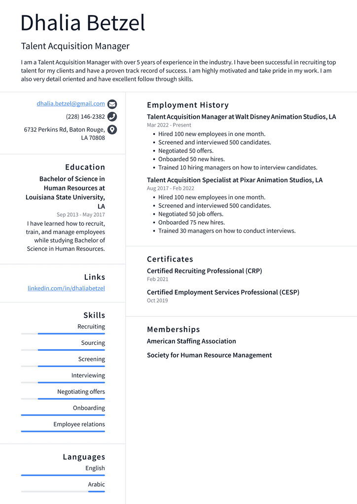 Talent Acquisition Manager Resume Example
