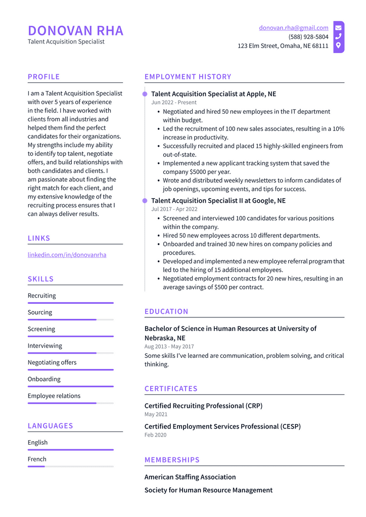 Talent Acquisition Specialist Resume Example