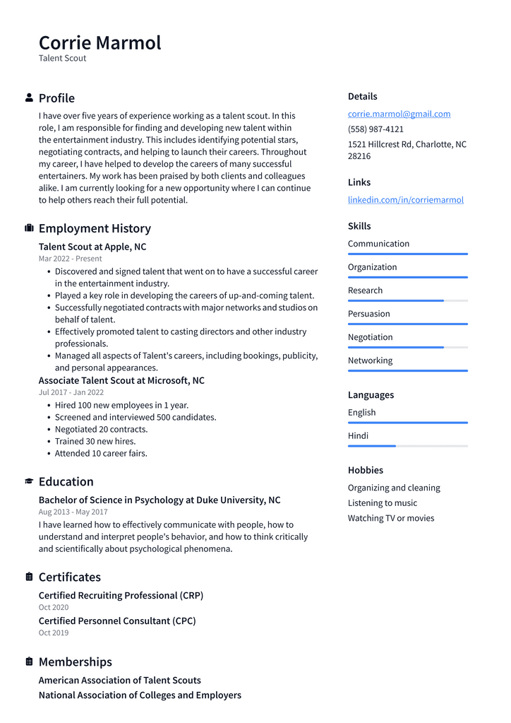 Talent Scout Resume Example