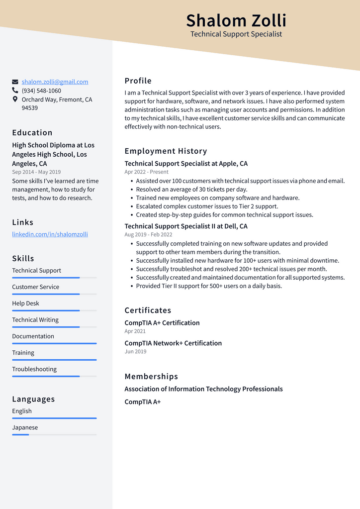 Technical Support Specialist Resume Example