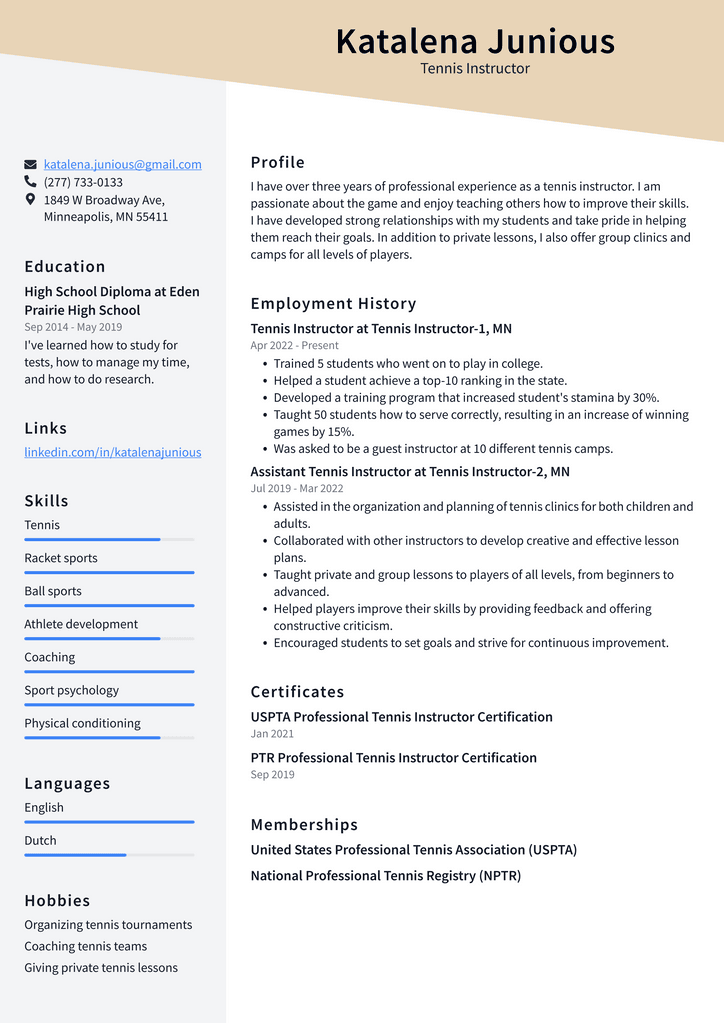 Tennis Instructor Resume Example