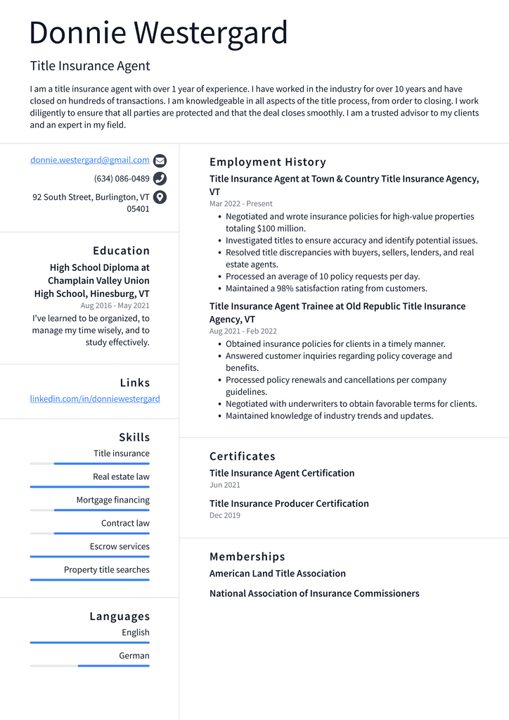 Title Insurance Agent Resume Example