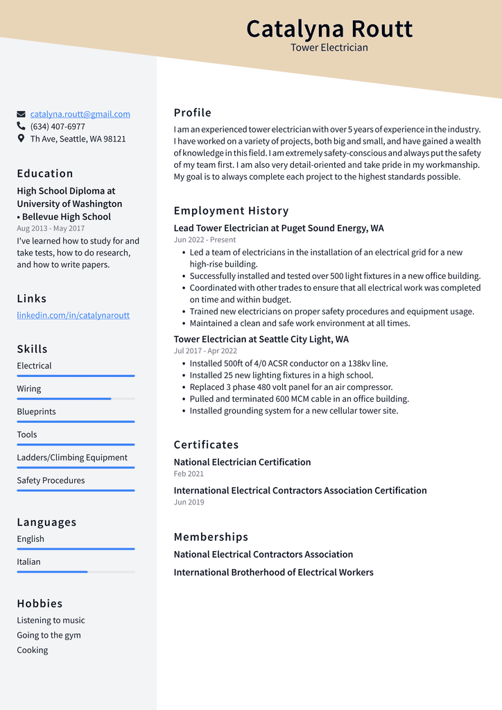 Tower Electrician Resume Example