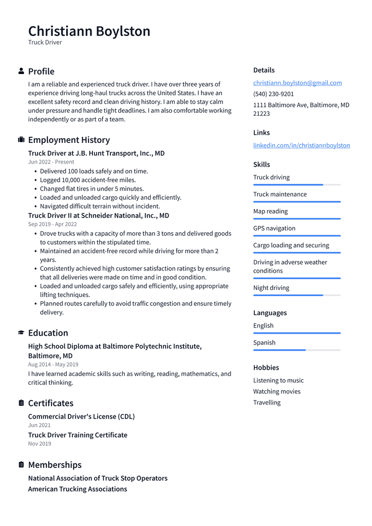 Truck Driver Resume Example