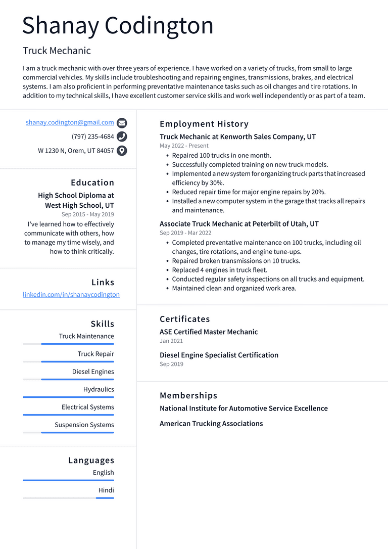 Mechanic Resume Example and Writing - Truck Mechanic Resume Example QmQFk 768w 