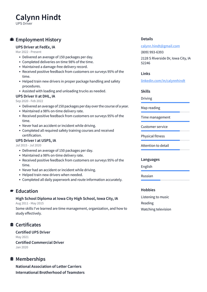 UPS Driver Resume Example