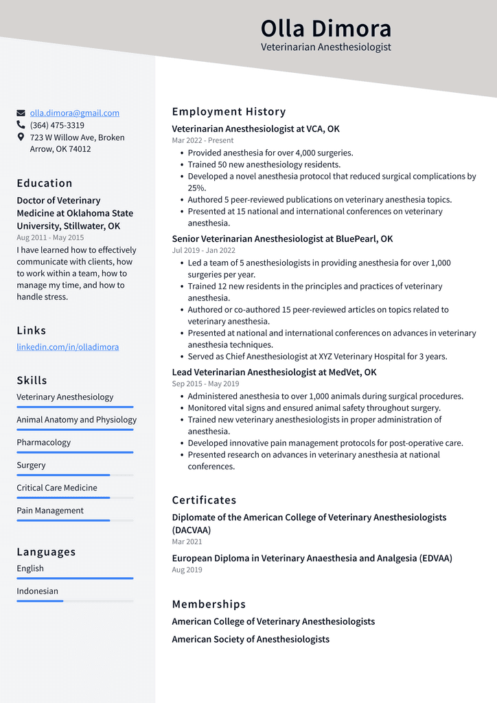 Veterinarian Anesthesiologist Resume Example