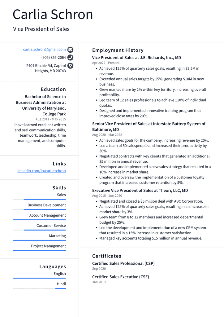 Vice President of Sales Resume Example