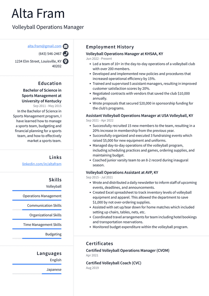 Volleyball Operations Manager Resume Example