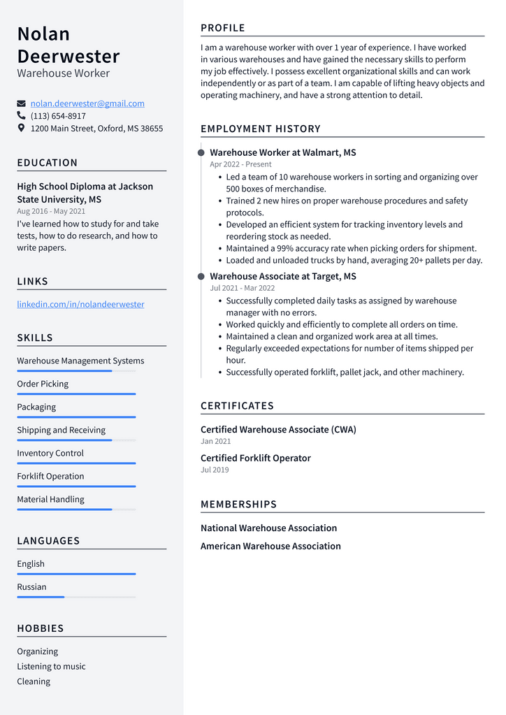 Warehouse Worker Resume Example