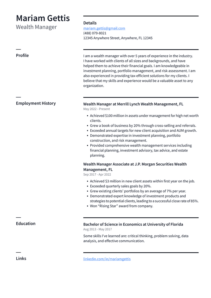 Wealth Manager Resume Example