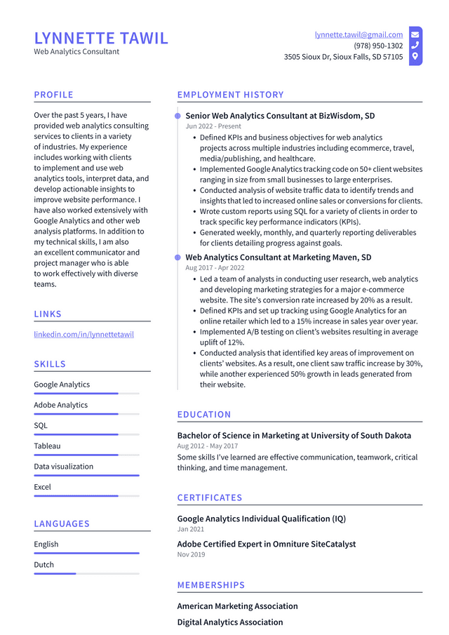 Web Analyst Resume Example and Writing Guide - ResumeLawyer