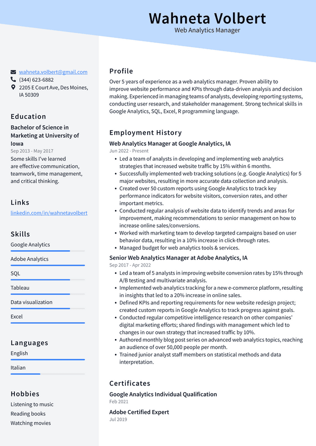 Web Analyst Resume Example and Writing Guide - ResumeLawyer