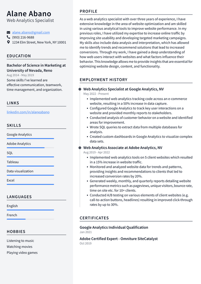 Web Analyst Resume Example and Writing Guide - ResumeLawyer