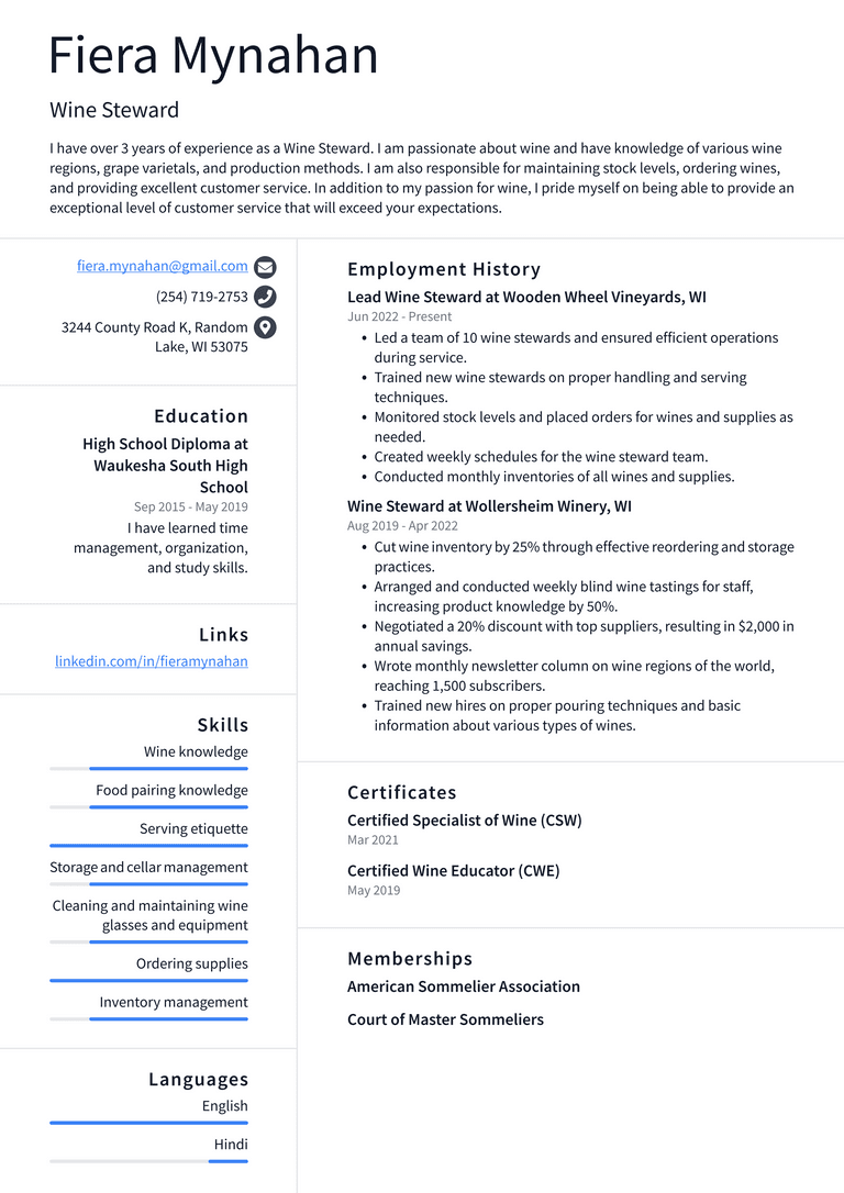 Sommelier Resume Example and Writing Guide - ResumeLawyer