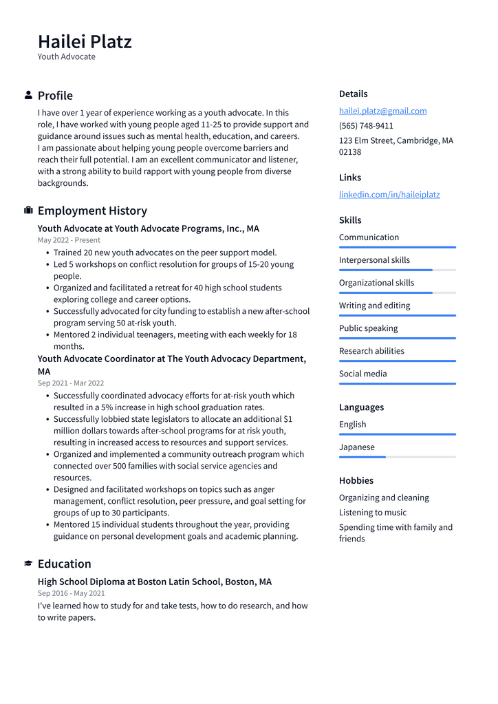Youth Advocate Resume Example