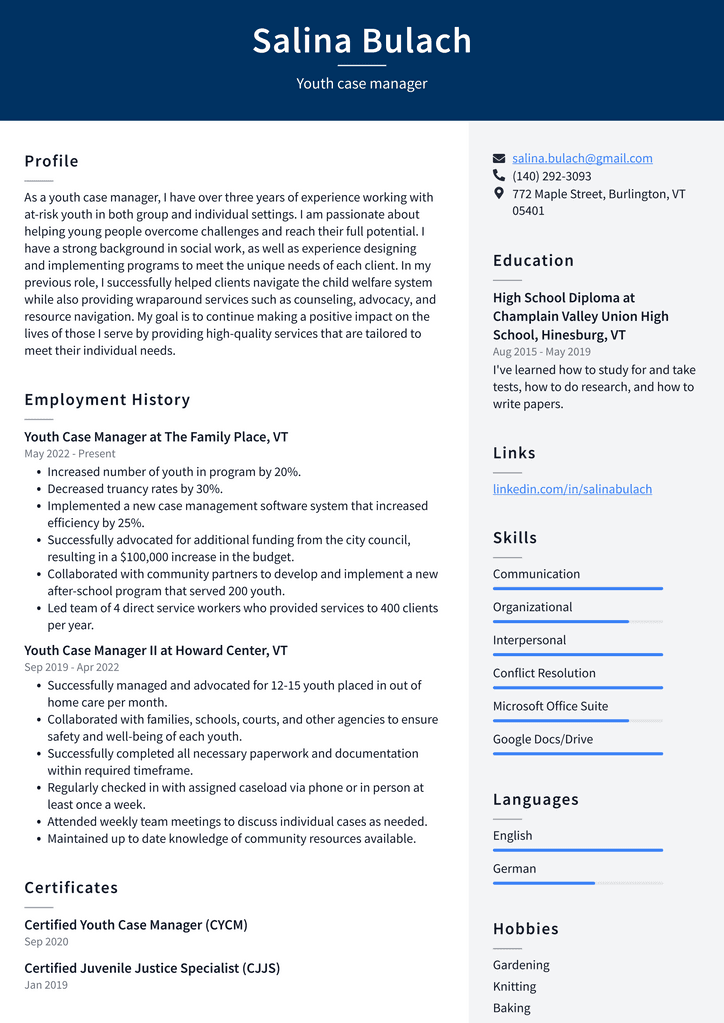Youth case manager Resume Example