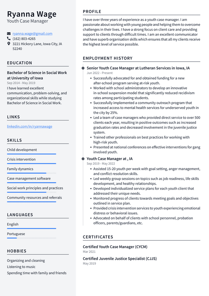 Youth Case Manager Resume Example