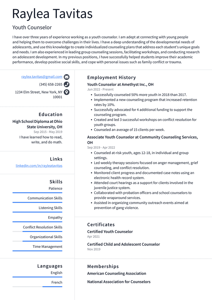 Youth Counselor Resume Example
