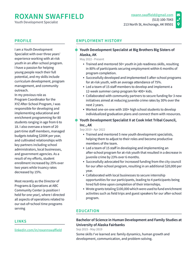 Youth Services Specialist Resume Example and Writing Guide