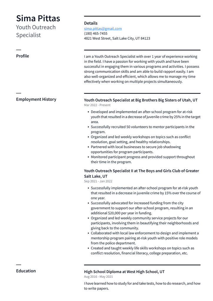 Youth Outreach Specialist Resume Example