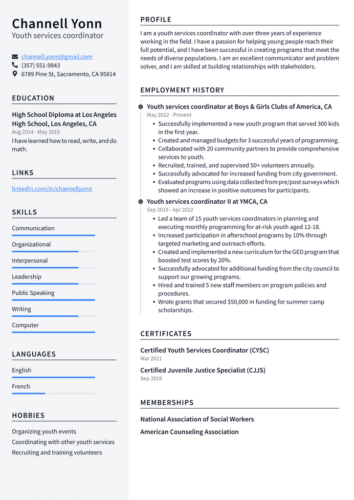 Youth services coordinator Resume Example